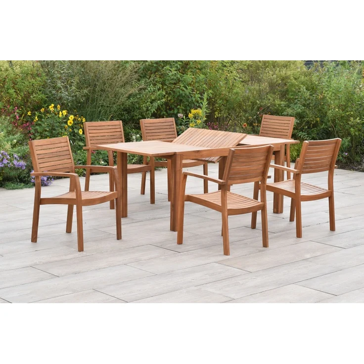Batavia Gartenmöbel Set 13tlg, 6 Stapelsessel, 6 Sitzkissen Ausziehtisch 150 (200) x 90 cm, Akazie – Bild 4