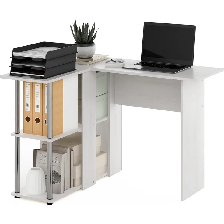 Furinno Abbott L-förmiger Schreibtisch mit Bücherregal, Weiße Eiche, Edelstahlrohre – Bild 1