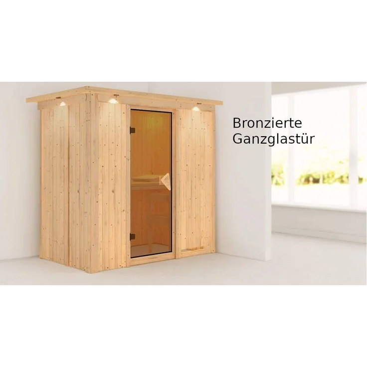Karibu Sauna Variado mit Dachkranz + 9kW Saunaofen mit integr. Steuerung Bronzierte Ganzglastür – Bild 5