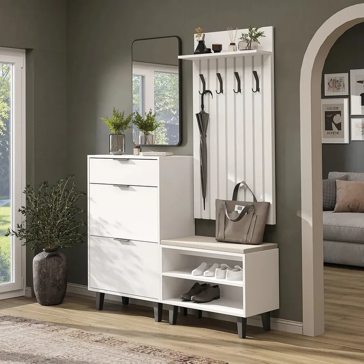 Roomart NORD Garderobenset 4-teilig – Schuhschrank, Sitzbank, Garderobenpaneel 130 cm & Spiegel – Flurgarderobe – H 112 x B 73.6 x T 35 cm (Schuhschrank) • Weiß
