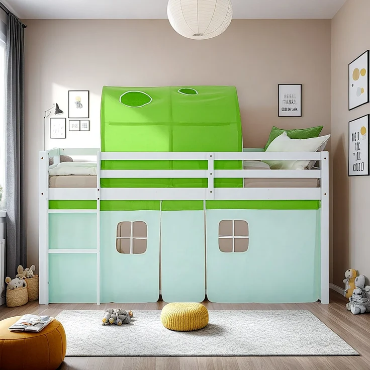 Hochbett Kinder 90x200 cm mit Matratze Kinderbett Kinderhochbett Stockbett Tunnel Vorhang Grün Holz Massiv Lattenrost – Bild 8