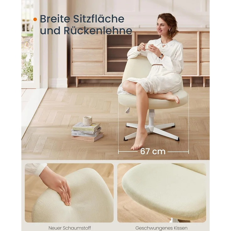 SONGMICS HOME Schneidersitz Stuhl, Schminkstuhl, Drehstuhl ohne Armlehnen, Schreibtischstuhl, breite Sitzfläche, modern, mit Kreuzfuß, höhenverstellbar, Wippfunktion, cremeweiß OBG046W01 – Bild 4