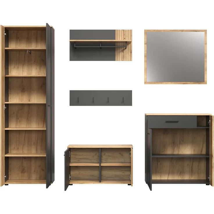'Esteban' Garderobenschrank / Schuhschrank, Holz, grau und Eiche Evoke, 195 x 36 x 60 cm – Bild 5