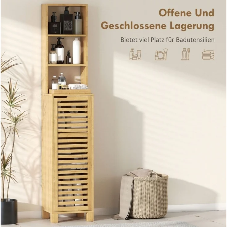Badezimmerschrank 34 x 30 x 170 cm aus Bambus mit Lamellentür und verstellbaren Böden – Bild 6