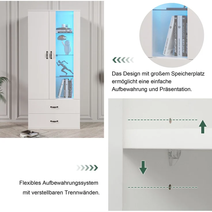 DESVIAE Vitrine mit LED-Beleuchtung und 2 Schubladen, 59,5x182x35 cm, Spanplatte, Weiß – Bild 5