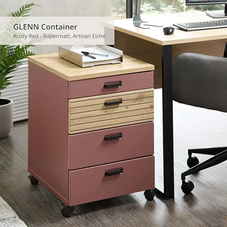 Stella Trading Glenn Rollcontainer Schreibtisch in Rusty Red, Artisan Eiche Optik - Mobiler Büroschrank mit Schubladen - 45 x 66 x 55 cm (B/H/T) – Bild 3