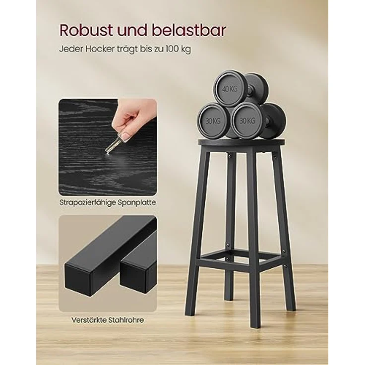 VASAGLE Barhocker, 2er Set, Barstühle, Küchenstühle mit Metallgestell, einfache Montage, 65 cm hoch, mit Fußstütze, für Küche, Wohnzimmer, Esszimmer, ebenholzschwarz-schwarz LBC032B56 – Bild 6
