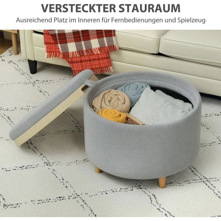 Hocker Polsterhocker, Teddyfleece, versteckter Stauraum, umkehrbarer Deckel, 56 cm x 56 cm x 42 cm, Grau--Grau--56x56x42cm--YOUDENOVA – Bild 5