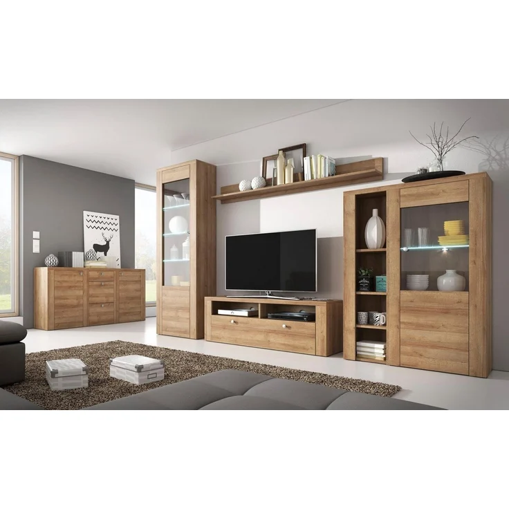Home affaire Wohnwand Larona, Anbauwand, Set 4 Teilig, (Set, 4-St), bestehend aus 1 TV-Board, 1 Highboard, 1 Vitrine, 1 Wandregal – Bild 4