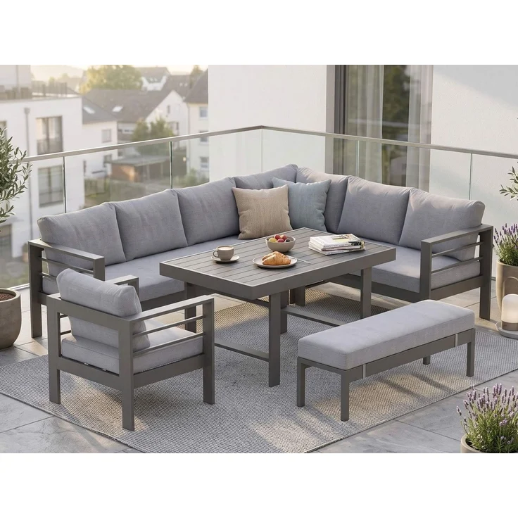 MeXo Gartenlounge-Set XXL Outdoor Lounge Set mit Esstisch, (wetterfeste modulare Ecklounge aus Aluminium, 6-tlg, Gartenmöbel Set für 6-9 Personen), 12cm Deluxe Relax-Sitzkissen, 8 cm breite Armlehne – Bild 1