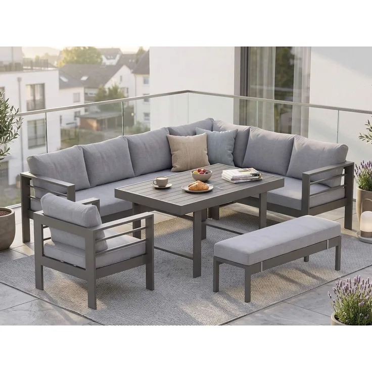 MeXo Gartenlounge-Set XXL Outdoor Lounge Set mit Esstisch, (wetterfeste modulare Ecklounge aus Aluminium, 6-tlg, Gartenmöbel Set für 6-9 Personen), 12cm Deluxe Relax-Sitzkissen, 8 cm breite Armlehne