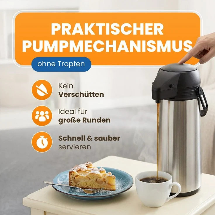 EUROHOME Pump-Isolierkanne Airpot Pumpkanne Edelstahl für 1,9 Liter mit Tragegriff, 1,9 l, (1-St, Thermoskanne 35 cm hoch), Isolierkanne mit Pumpfunktion - Pumpkannen – Bild 4