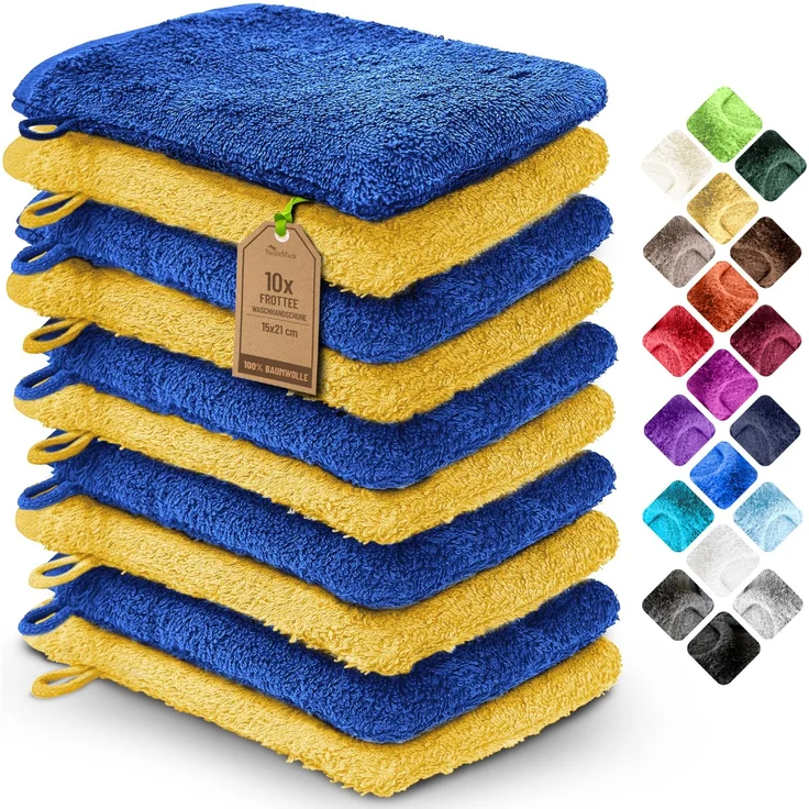 NatureMark 10x Waschhandschuhe aus Frottee 100% Baumwolle – Weich und Robust, Ideal für die tägliche Pflege und Gäste – Royal/Gelb, 15x21 cm