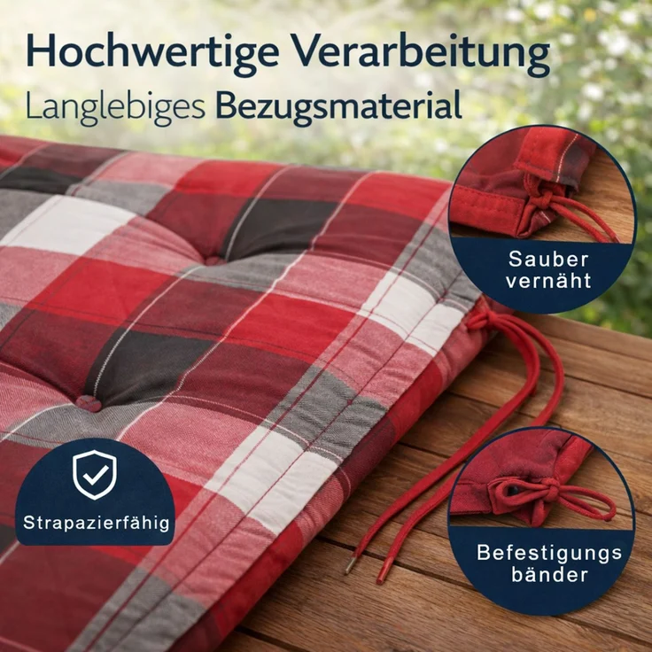 BURI 2x Hochlehner Auflage 120x50x5,5 cm - wetterfeste Gartenstuhlauflage mit Schaumkern & Vollvlies, Halteband & Bindebänder, bequemes Stuhlpolster für Balkon, Terrasse & Garten (Rot/Grau Kariert) – Bild 6
