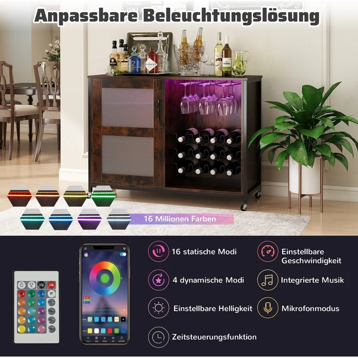 Barschrank mit LED-Beleuchtung & Fernbedienung Weinschrank mit verstellbaren Regalen Rustikal Braun – Bild 3