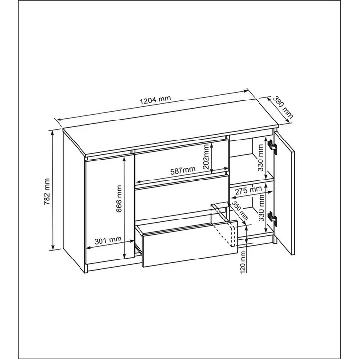 Raumhirsch Furniture Kommode, Sideboard, Kommode für das Schlafzimmer - Wohnzimmer (Maße: 120 × 39 × 78,5 cm, 2 Türen, 3 Schubladen, Rollenschienen), viele Farbvarianten - Hochwertig & stabil – Bild 3