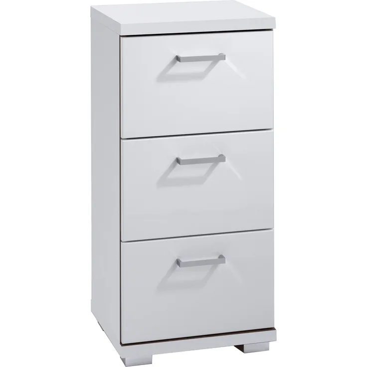 byLIVING Badezimmer Seitenschrank NEBRASKA in matt weiß Hochglanz weiß lackiert / Kleiner Badschrank mit 3 Schubladen und silberfarbenen Griffen / B 35,5, H 74, T 31,5 cm