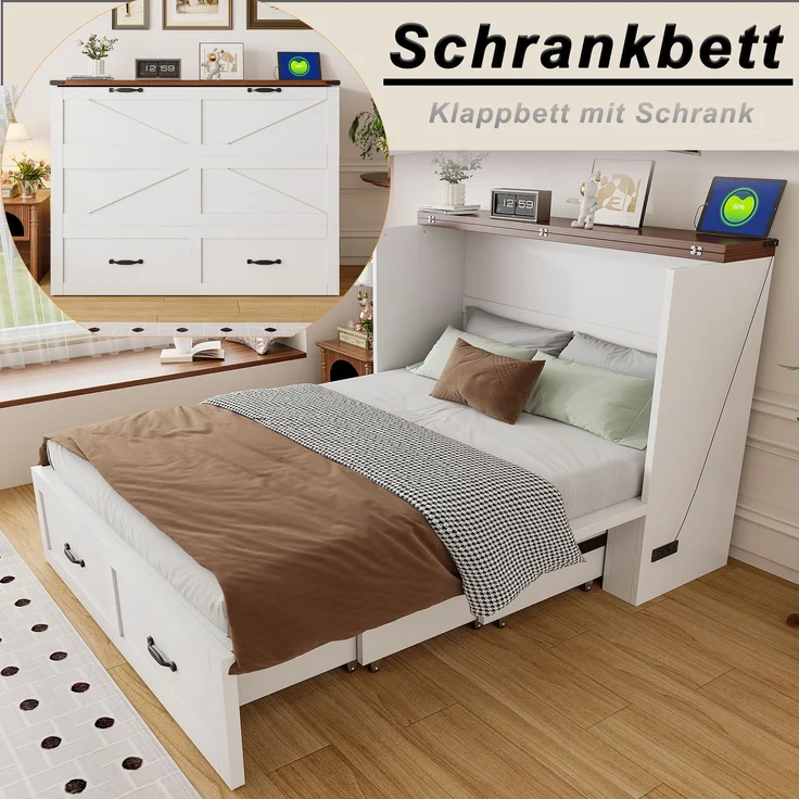 Klappbett 140 x 200 cm, Ausziehbares Bettgestell mit Stauraum, Steckdose nach europäischem Standard, Metallrahmen, geräuscharme Rollen, Weiß--Weiß2--206x144.5x111cm--YOUDENOVA – Bild 3