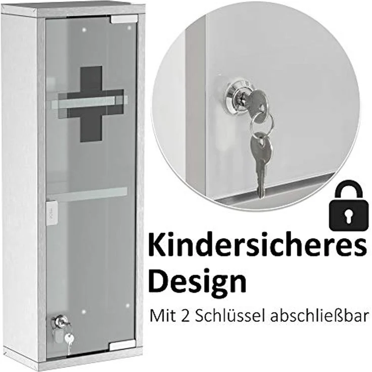 Kleankin Medizinschrank Erste-Hilfe-Schrank mit Schloss 3 Fächer (Medikamentenschrank, 1-St, Arzneischrank) Silber 20 x 12 x 58 cm – Bild 6