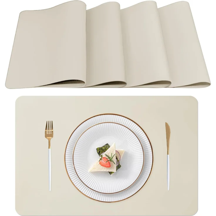 ABC 4-teiliges waschbares Platzset aus PU-Leder, 43 x 30 cm, hitzebeständig, rutschfest, für Küchen- und Esstische, beige – Bild 2