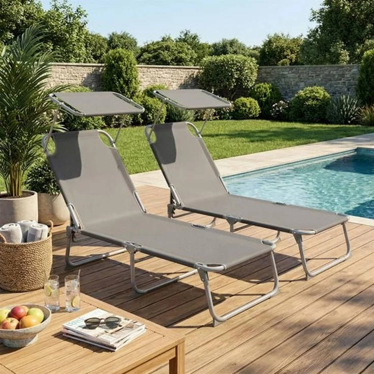SONGMICS Sonnenliege klappbar, 2er Set, belastbar bis 110 kg, verstellbare Sonnenblende, Rückenlehne, grau – Bild 1