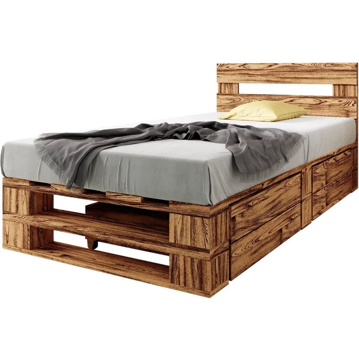 sunnypillow Palettenbett M2 aus Holz 90x200 cm mit Kopfteil und 2 Bettkästen. Stabiles Seniorenbett Kinderbett Jugendbett Gästebett erhöhtes Einzelbett Bettgestell Futonbett Komforthöhe Geflammt