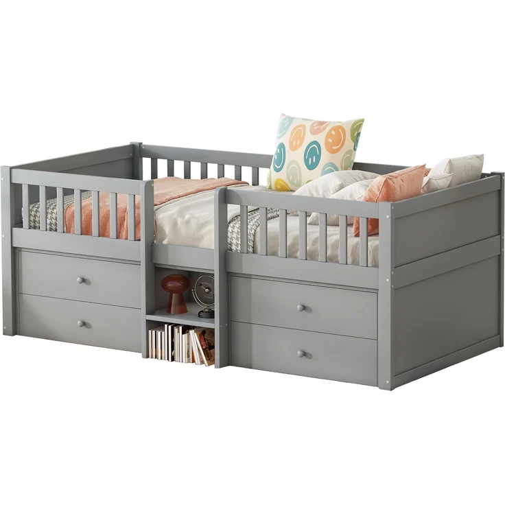 Halbhohes Bett, 90*200cm , 4 Schubladen, Geländer, Leiter, Kiefernholz, Ohne Matratze, Minimalistischer Stil, Grau – Bild 7