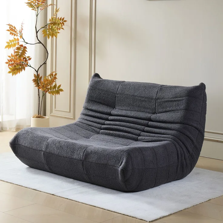 2-Sitzer Loungesofa aus Teddy-Vlies mit Plisseefalten-Design, ergonomisch, 149x114x82 cm, Grau