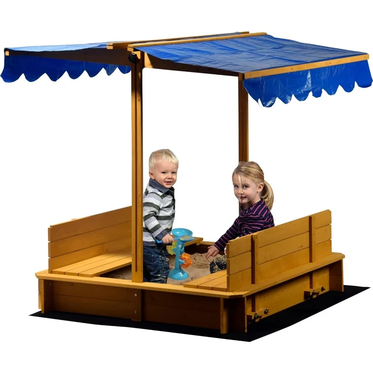 Sandkasten mit schwenkbarem Dach, Sitzbänke, Bodenplane, verschließbare Sandkiste aus Holz für Kinder, 120 x 120 x 120 cm, hellbraun – Bild 1