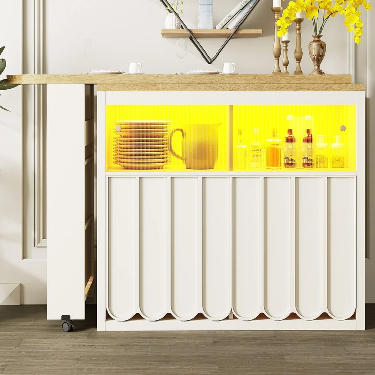 Merax Ausziehbarer Bartisch mit Stauraum(135-205×39×100cm) , Moderner Beweglicher Bar Table, Teleskopischer Bartisch mit LED, Stehtisch Bistrotisch, Weiß – Bild 3