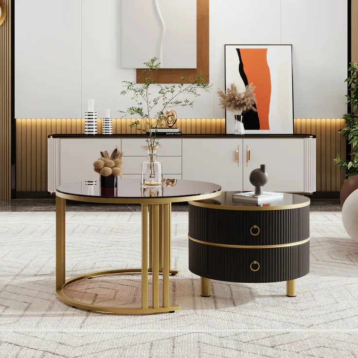Couchtisch 2-teilig Set mit brauner Glasplatte Hochglanz, Schubladen, Gold Metallbeine,Gold und Schwarz