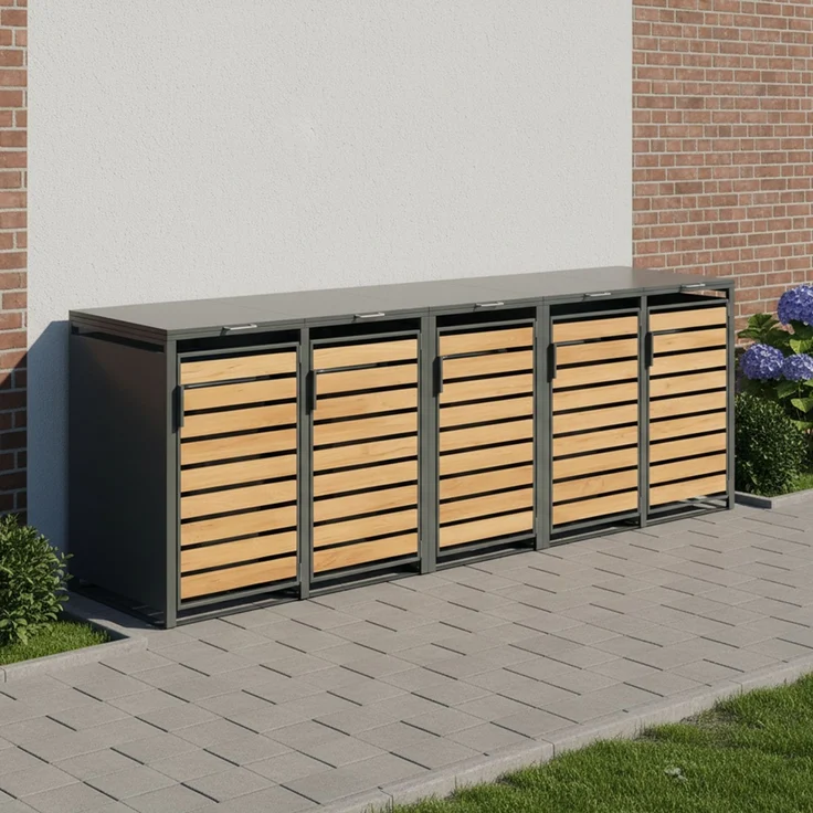 STEELSØN 'Kestra' Mülltonnenbox 5er je 120 Liter, anthrazit mit Holzoptik, Mülltonnenverkleidung aus Stahl, wetterfest, 102x62x294,5 cm, Müllbox für 5 Tonnen – Bild 2