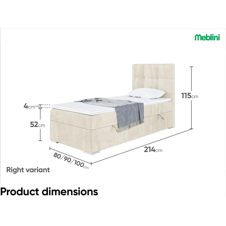 MEBLINI Boxspringbett KAI 90x200cm Rechts - H3/Creme Samt - mit Bettkasten - Gepolstert Einzelbett mit Topper & Taschenfederkern-Matratze – Bild 7