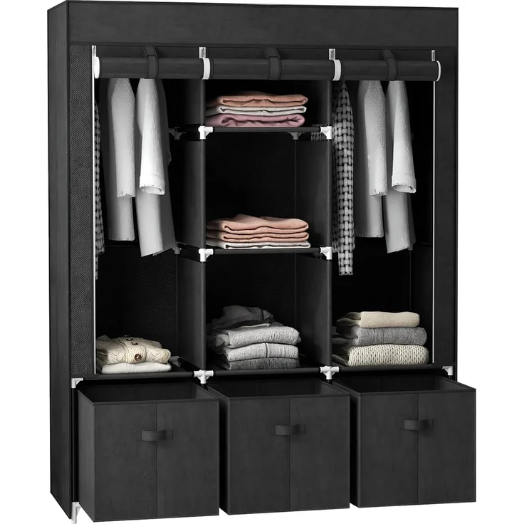 HOMCOM Stoffschrank Kleiderschrank mit Kleiderstangen und Schubladen (Faltbare Garderobe, 1-St, Faltschrank) Schwarz, 125 x 43 x 162,5 cm