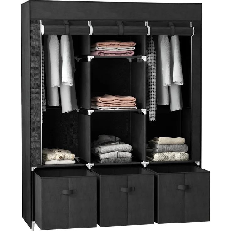 HOMCOM Stoffschrank Kleiderschrank mit Kleiderstangen und Schubladen (Faltbare Garderobe, 1-St, Faltschrank) Schwarz, 125 x 43 x 162,5 cm – Bild 1