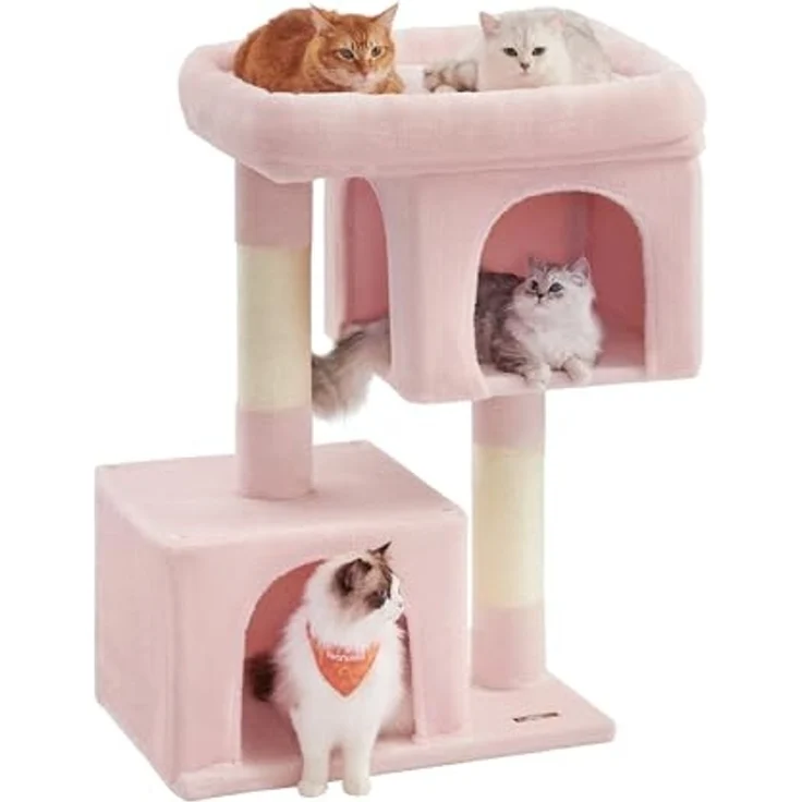 Feandrea Kratzbaum, 101 cm Katzenbaum, XL, Katzenhaus für extra große Katzen bis zu 20 kg, große Plattform, 2 Katzenhöhlen, Sisalstämme, pastellrosa PCT614P01 – Bild 1