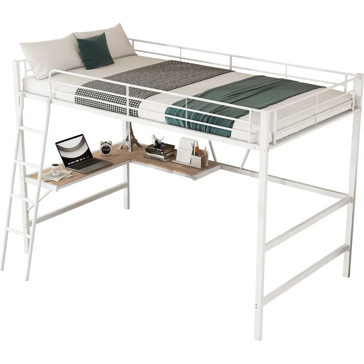 Hochbett, 90x200cm Bettgestell Metallbett, Eisenbett, Hochbett mit L-förmigem Schreibtisch und einem Regal für Kinder, Jugendliche und Erwachsene, Ohne Matratze, Weiß – Bild 4