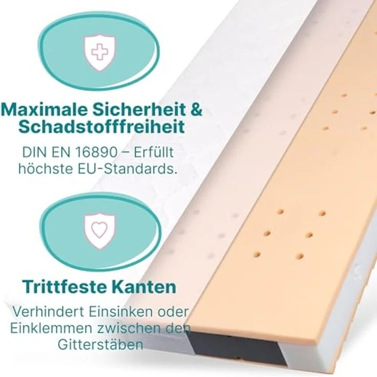 Sun Garden Komfort Babymatratze, Kindermatratze 60x120 cm mit Trittkante + Schoner, Oeko-Tex 100 Zertifiziert, Komfortschaum, ergonomisch, für Babybett, Kinderbett, Reisebett, Bezug waschbar bis 60°C – Bild 5