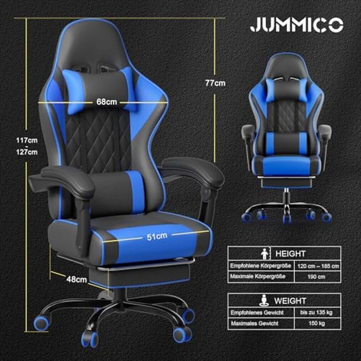 JUMMICO Gaming Stuhl mit massagefunktion, ergonomischer Gaming Stuhl,EIN Gamingstuhl mit Lendenkissen, Fußstütze und Kopfstütze,PC - Stuhl, Tragfähigkeit 150 kg - Blau – Bild 4