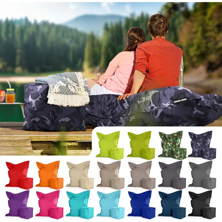 Green Bean® 2er Set XXL Sitzsack inkl. Poufmit mit EPS-Perlen - Riesensitzsack 140x180 Liege-Kissen Bean-Bag - Camouflage Schwarz – Bild 2
