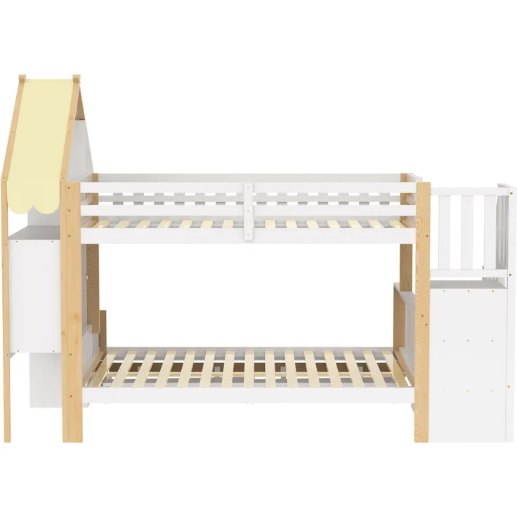 Etagenbett 90x200 cm + 140x200 cm mit Hausdach-Design, Sicherheitsgeländer, Stauraumleiter, offenen Fächern & 2 Schubladen – Bild 10