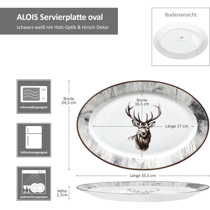 MamboCat Servierplatte 2x Alois Servierplatte oval Porzellan 35,5x24,3cm Hirsch Grill-Teller, Porzellan – Bild 6