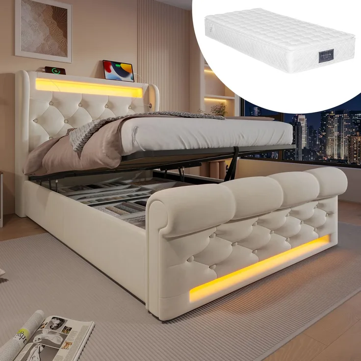 Polsterbett Einzelbett, Samt mit smartem LED-Licht & Ladestation, 90x200 cm, Beige, mit Matratze