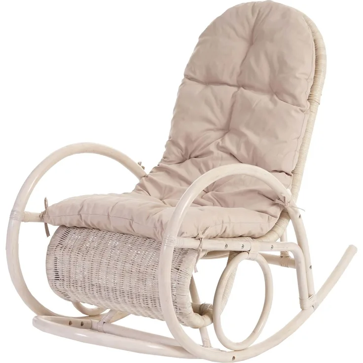 Schaukelstuhl Esmeraldas, Schwingsessel Rattansessel, weiß ~ Auflage creme