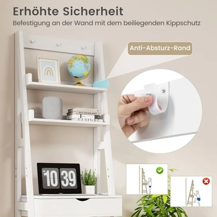 COSTWAY 3 in 1 Schminktisch & Leiterregal & Schreibtisch mit Klappspiegel und 3 Haken, Frisiertisch mit 2 Ablagen und 6 Fächern, Makeup Tisch mit Hocker, Kosmetiktisch weiß – Bild 6