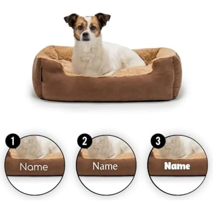 lionto Hundebett mit Wendekissen und Rutschfester Unterseite, Heimtierkissen mit tiefem Einstieg für Hunde und Katzen jeden Alters, 60x48 cm, kuscheliges Hundekissen, braun/beige (Namensaufdruck) – Bild 2