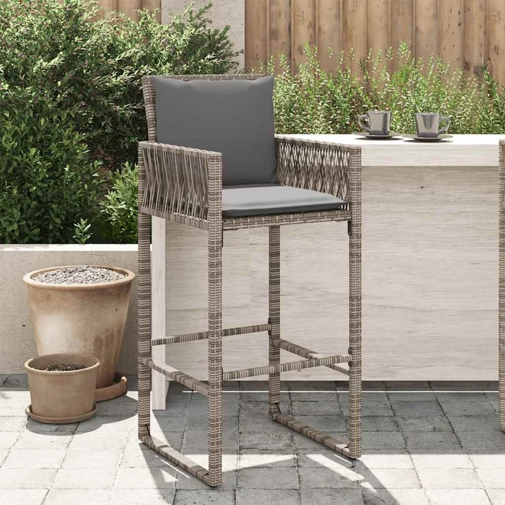 Garten-Barhocker 2er Set, Barstuhl mit Kissen Grau Poly Rattan – Bild 1