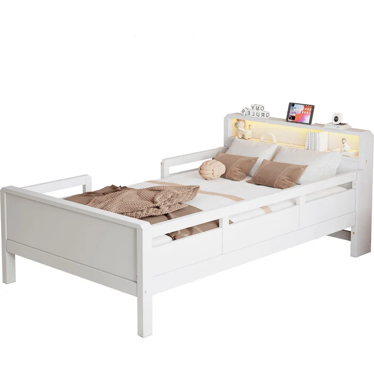 EINHOM Holzbett 90 x 200 cm, Holz, USB- und Tape-C-Kombi-Steckdose, Kleine LED-Leuchte, Kopfteil mit Ablagefunktion, Kinderbett, Einzelbett, Multifunktionsbett, Kiefernholz, Weiß, (Ohne Matratze) – Bild 7