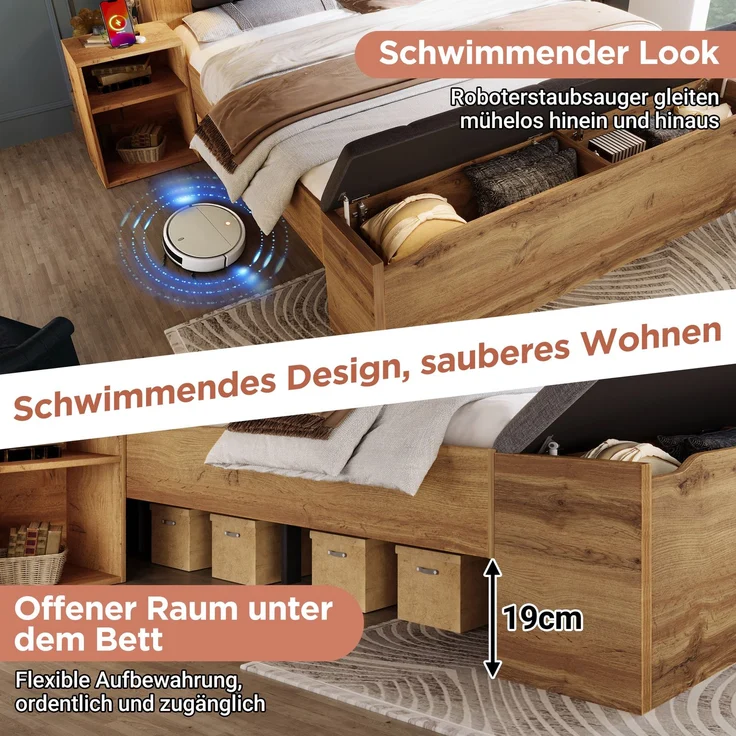 Rayofly-Doppelbett H 200cm x T 160cm x B 200cm, Holzbett mit klappbarem Kopfteil aus Leinenstoff, Stauraum, 2 Nachttische, Bettbank mit Stauraum, Leselampen mit USB, Lattenrost, Eiche, mit Matratze – Bild 3