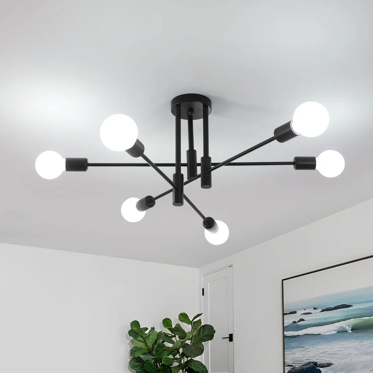 Goeco Deckenlampe Schwarz Vintage, 6 Flammig E27 Fassung Industrial Kronleuchter, Retro Deckenleuchte Sputnik für Schlafzimmer Küche Wohnzimmer, 70CM MAX. 60W (Glühbirnen Nicht Inbegriffen) – Bild 1